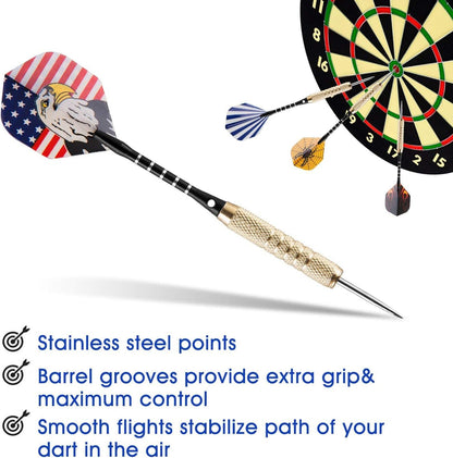 15 Pack Steel Darts 18 Grams Tip Set with Dart Sharpener and 21 Flights, Aluminum Shafts & Brass Barrels, Levels in Every Rec Room, Man Cave, Bar and Game Room