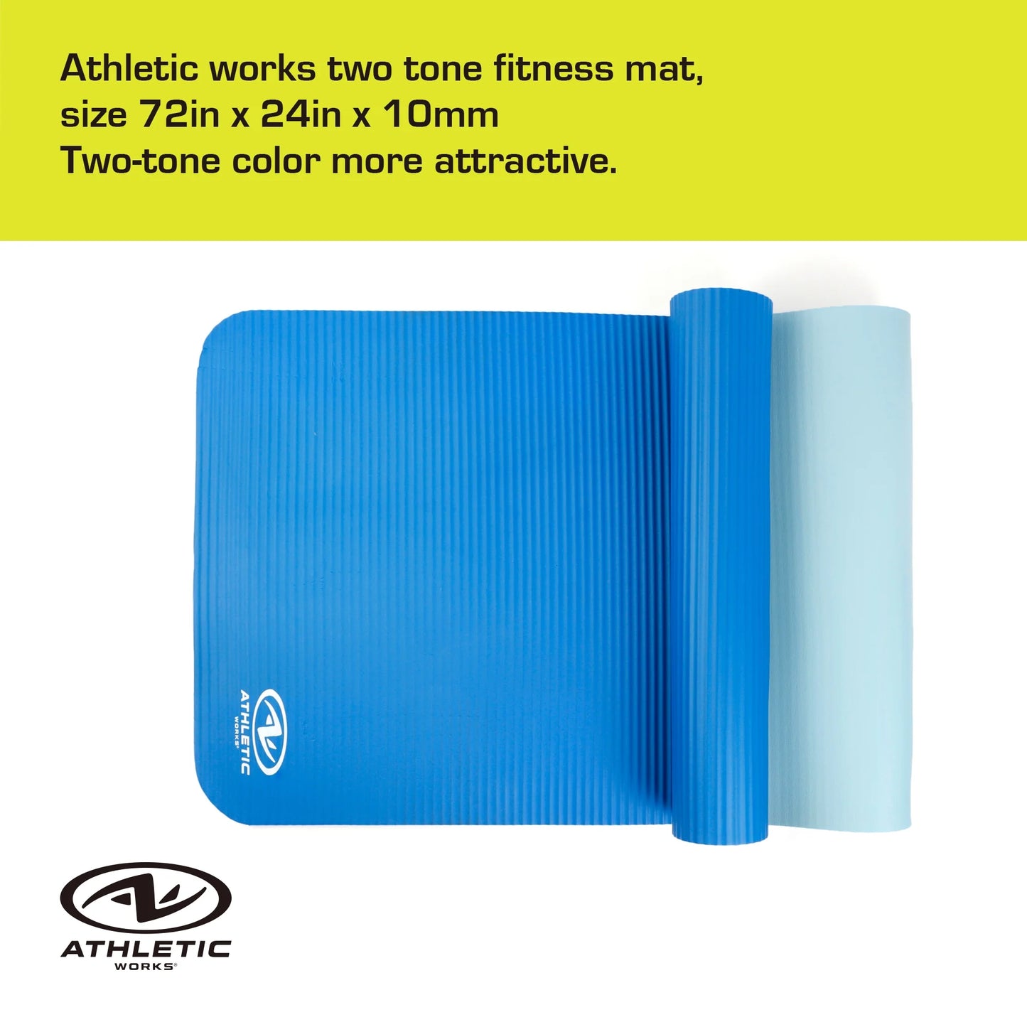 Two Tone Fitness Mat, 10Mm, 72Inx24In, Blue Color, NBR Foam, with Carry Strap